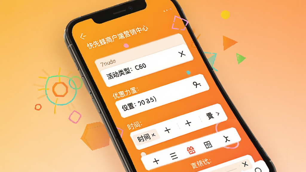快先蜂商户端营销中心页面,手机屏幕展示活动创建表单,包含活动类型选择、优惠力度设置、时间选择器等,背景为暖橙色渐变,配有一些彩色几何图形装饰,整体风格活泼,UI元素清晰,画质细腻,无多余元素