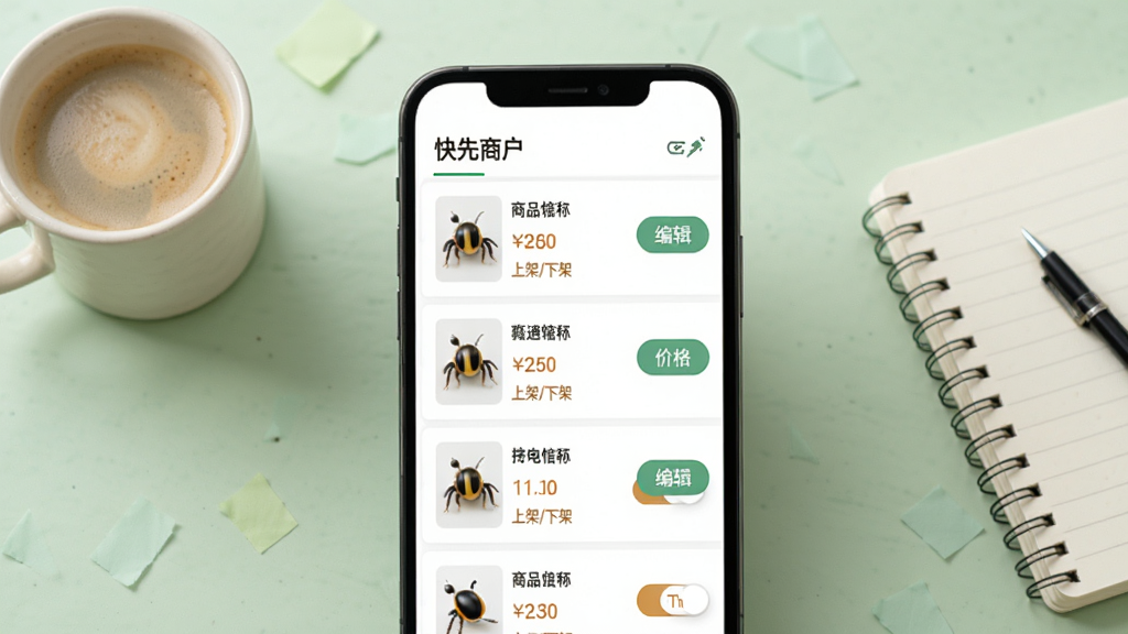 快先蜂商户端商品管理界面,手机屏幕中展示商品列表,每件商品配有缩略图、名称、价格和“上架/下架”开关,右侧有编辑按钮,背景为简洁的浅绿色工作台,旁边放着一杯咖啡和笔记本,整体风格清新,排版整齐,画质高清,无多余元素