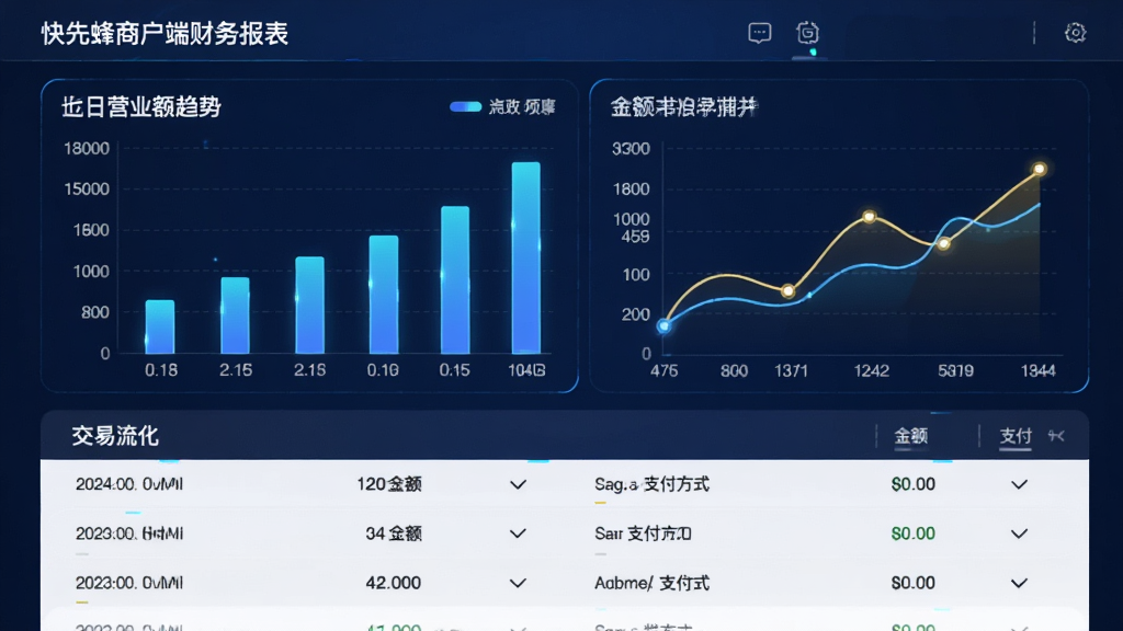 快先蜂商户端财务报表界面,屏幕中展示柱状图和折线图,显示近七日营业额趋势,下方列出交易流水列表,包含时间、金额、支付方式,背景为深蓝色商务风格,图表元素发光,整体专业感强,画质清晰,无多余元素