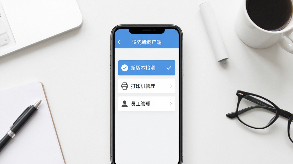 快先蜂商户端使用指南示意图,手机屏幕显示设置页面,有“新版本检测”“打印机管理”“员工管理”等选项,背景为简洁的白色桌面,周围散落着一些办公用品,整体风格干净,排版清晰,画质细腻,无多余元素