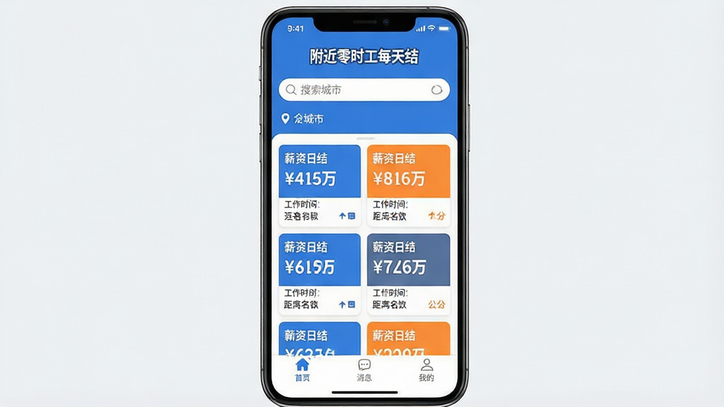 ���壺�ֻ���Ļչʾ��������ʱ��ÿ��ᡱAPP�����棬�Ϸ�Ϊ�������Ͷ�λ���У��м��б�չʾ�����λ��Ƭ��ÿ����Ƭ������ע�������ơ�н���ս������ʱ�䡢����͹�˾���ơ����֣����½ṹ���Ϸ�ΪƷ�������·�Ϊ�б������Ű棺��Ƭʽ���֣������ȣ��Ӿ������ڸ�λн�������ϡ���񣺱�ƽ����ƣ���ɫ����ɫ���ɫ�������ִ���ࡣϸ�ڣ�����״̬����ʾʱ�����źţ�����ײ��С���ҳ������Ϣ�����ҵġ�������ǩ�����������������ɶ����ر��ǡ�������ʱ��ÿ��ᡱLOGO������ʾ�����ʣ��������ɾ����޶���Ԫ�ء�