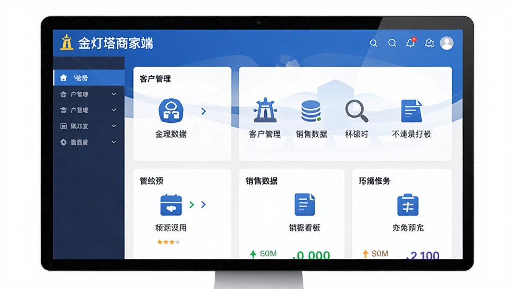 金灯塔商家端主界面预览图,展示软件首页功能模块布局,包含客户管理、销售数据看板等核心图标,整体风格简洁商务,色彩以蓝色和白色为主,画质清晰,界面干净无多余元素,突出“金灯塔商家端”品牌名称。