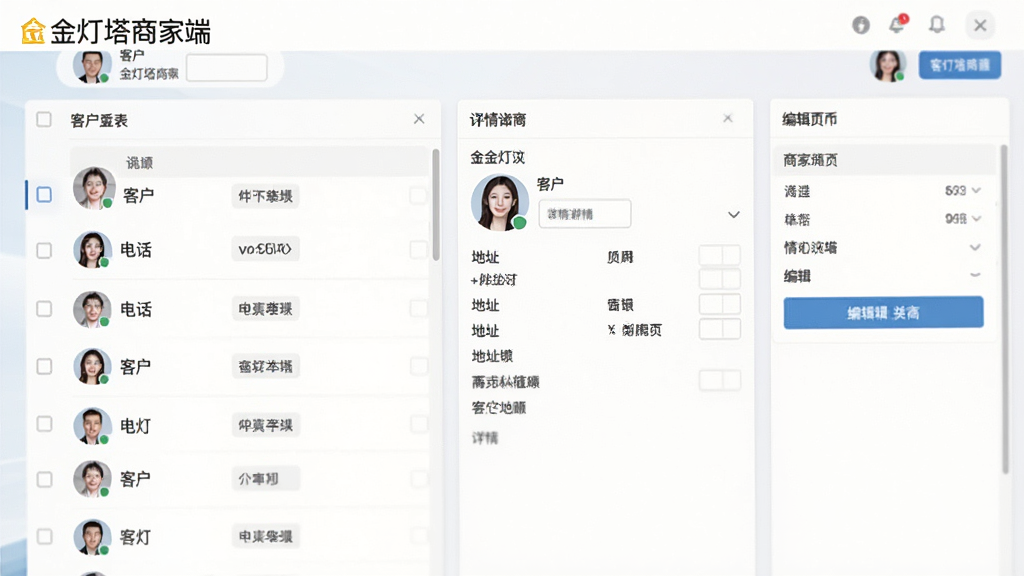金灯塔商家端客户管理功能界面截图,展示客户列表、详情页和编辑页面,包含客户头像、电话、地址等字段,界面风格清爽,布局清晰,突出“金灯塔商家端”软件名称,画质高清,无多余装饰元素。