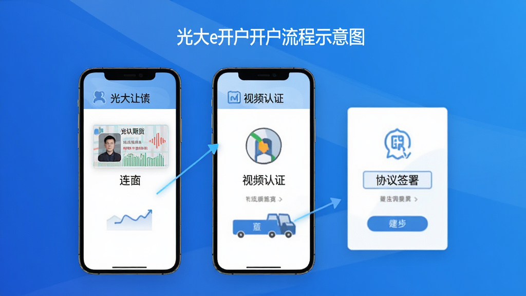 光大期货e开户开户流程示意图,手机屏幕显示身份证上传、视频认证、协议签署等步骤,背景为蓝色渐变,界面简洁,图标清晰,布局合理,高画质,干净无多余元素