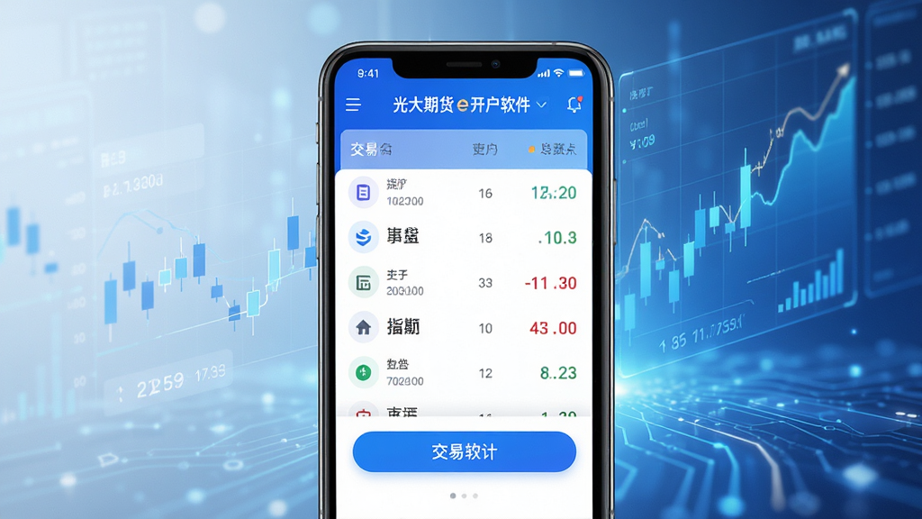 光大期货e开户软件主界面展示,智能手机屏幕显示行情列表与交易按钮,背景为金融科技风格,蓝色主色调,界面简洁清晰,布局合理,图标精致,高画质,干净无多余元素