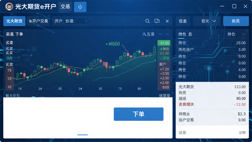 光大期货e开户交易界面截图,显示下单页面、买卖五档行情、持仓信息,蓝色科技感设计,布局清晰,功能按钮齐全,高画质,干净无多余元素