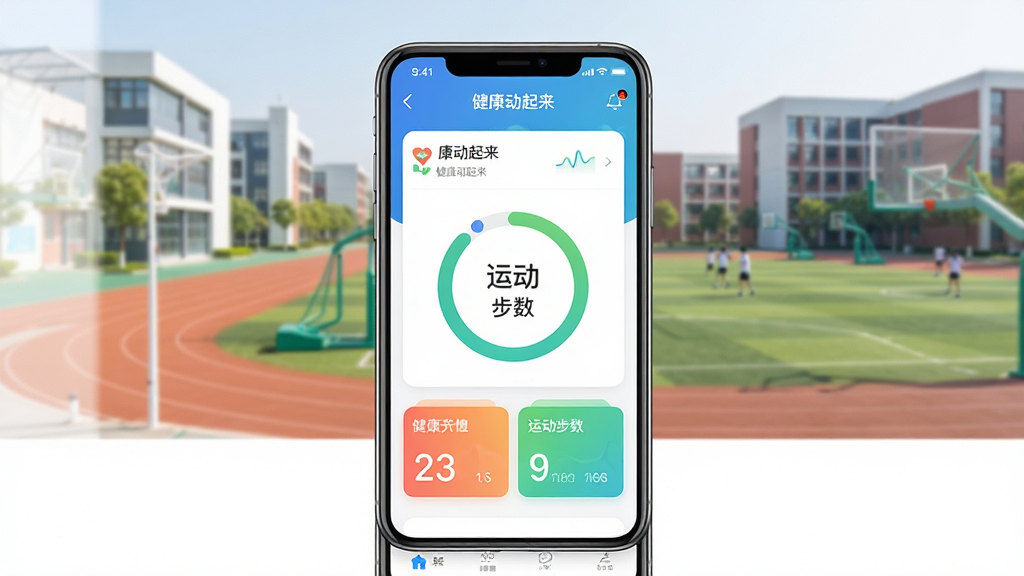 主体为智能手机界面展示“健康动起来”应用,屏幕中央显示学生健康数据图表与运动步数环,背景为现代校园操场,布局采用手机居中、四周留白,排版简洁清晰,风格写实明亮,细节包括界面上的“健康动起来”文字标识与彩色数据卡片,画质高清干净,无多余元素