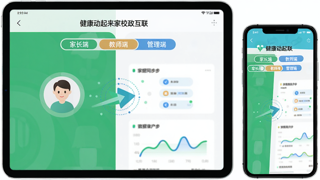 主体为平板电脑与手机并排展示“健康动起来”家校政互联界面,屏幕中显示家长端、教师端、管理端三个切换标签,布局采用左右分屏构图,排版清爽,风格现代扁平,细节包括数据同步动画与绿蓝配色,画质干净无多余元素