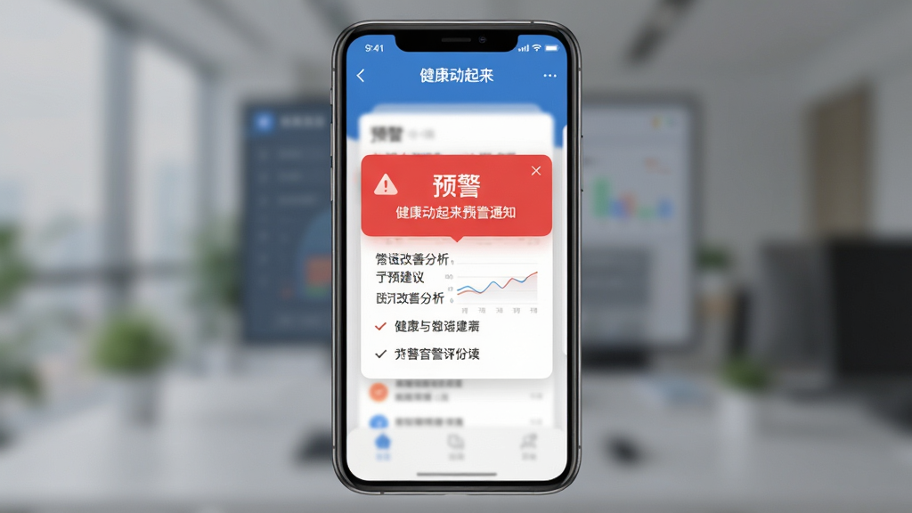 主体为手机全屏展示“健康动起来”预警通知界面,屏幕中弹出红色警告卡片并附带改善建议列表,布局采用卡片居中、背景虚化处理,排版醒目,风格简洁商务,细节包括“预警”字样与图表分析,画质干净无多余元素