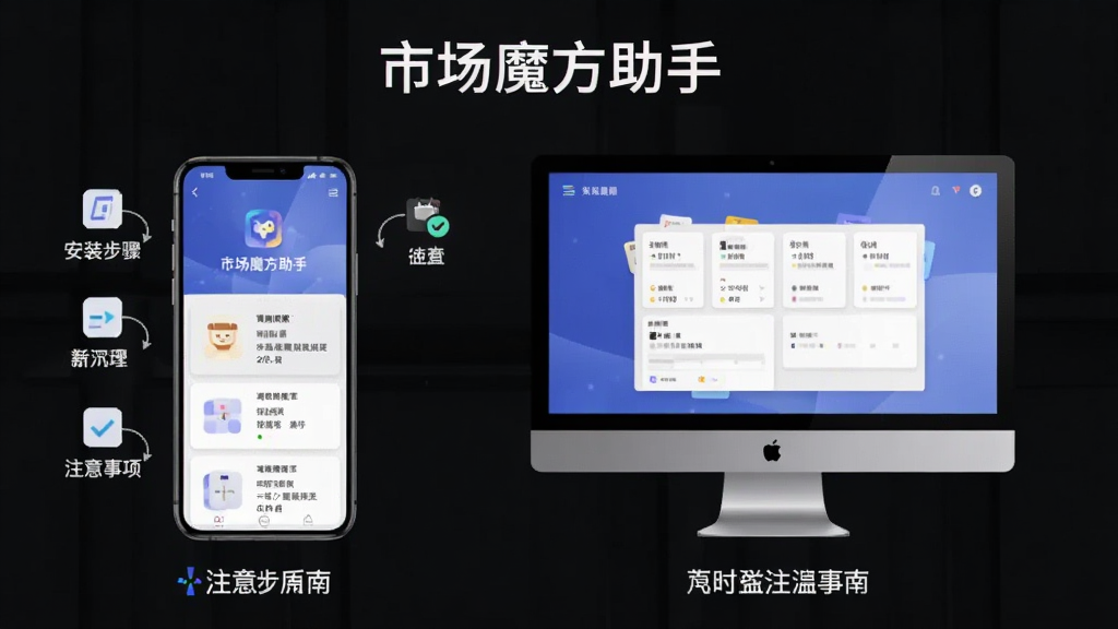 市场魔方助手使用指南示意图,主体为手机与电脑并排展示,布局清晰对比,风格简洁明了,细节标注安装步骤与注意事项图标,画质干净,包含“市场魔方助手”文字