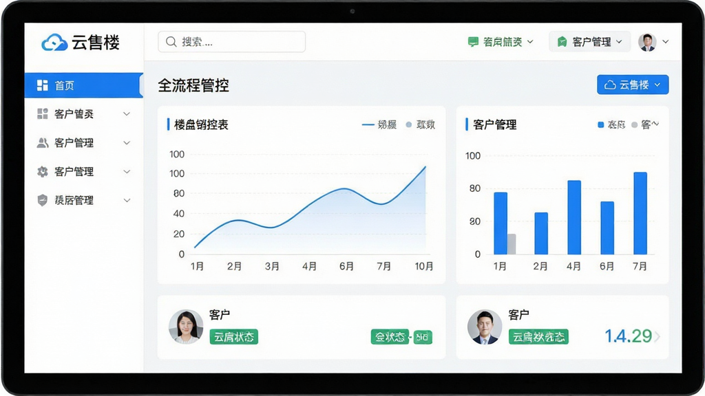 主体:云售楼软件界面截图,显示楼盘销控表与客户管理面板;布局:左侧为功能导航栏,右侧为数据看板,上方为搜索与通知栏,整体采用卡片式布局,清晰直观;排版:信息层级分明,图表与列表结合,重点数据用醒目的蓝色高亮;风格:现代扁平化设计,商务蓝白主色调,简洁专业;细节:屏幕中展示“云售楼”LOGO与“全流程管控”字样,图表包含折线图与柱状图,客户头像与房源状态标签清晰可见;画质:高清,干净,无多余元素