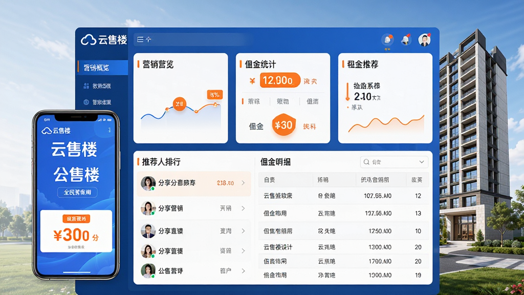 主体:云售楼软件全民营销功能界面,展示推荐关系链与佣金统计;布局:上方为营销概览数据卡片,下方为推荐人排行列表与佣金明细表格;排版:简洁清晰,关键数据用橙色高亮;风格:商务科技感,蓝橙配色;细节:界面包含“云售楼”品牌标识,手机模型展示分享海报,背景为楼盘效果图;画质:高清,干净,无多余元素