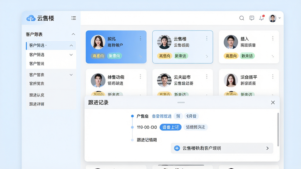 主体:云售楼软件客户管理界面,展示客户列表与跟进详情;布局:左侧为客户筛选条件,右侧为客户卡片列表,底部弹出跟进记录面板;排版:信息流式布局,客户头像与姓名突出,跟进时间线清晰;风格:简约现代,淡蓝色背景;细节:界面包含“云售楼”字样,客户标签如“高意向”、“新来访”,跟进记录含语音转文字功能;画质:高清,干净,无多余元素