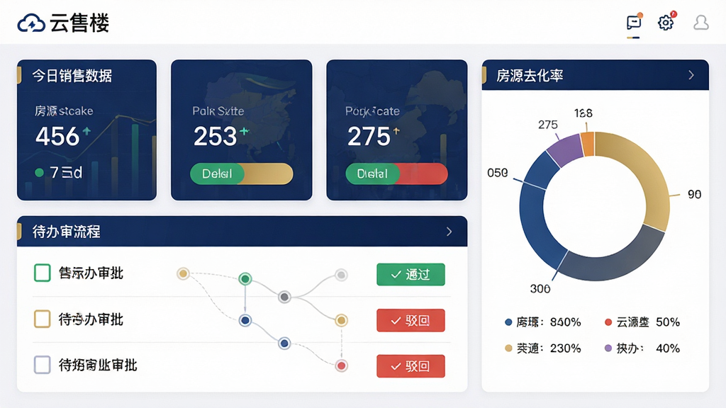主体:云售楼软件案场管理界面,展示审批流程与销售看板;布局:上方为案场今日销售数据卡片,下方为待办审批列表,右侧为房源去化率环形图;排版:数据可视化,审批项带通过/驳回按钮;风格:商务大气,深蓝与金色点缀;细节:界面显示“云售楼”LOGO,房源状态颜色区分,审批流程节点清晰;画质:高清,干净,无多余元素
