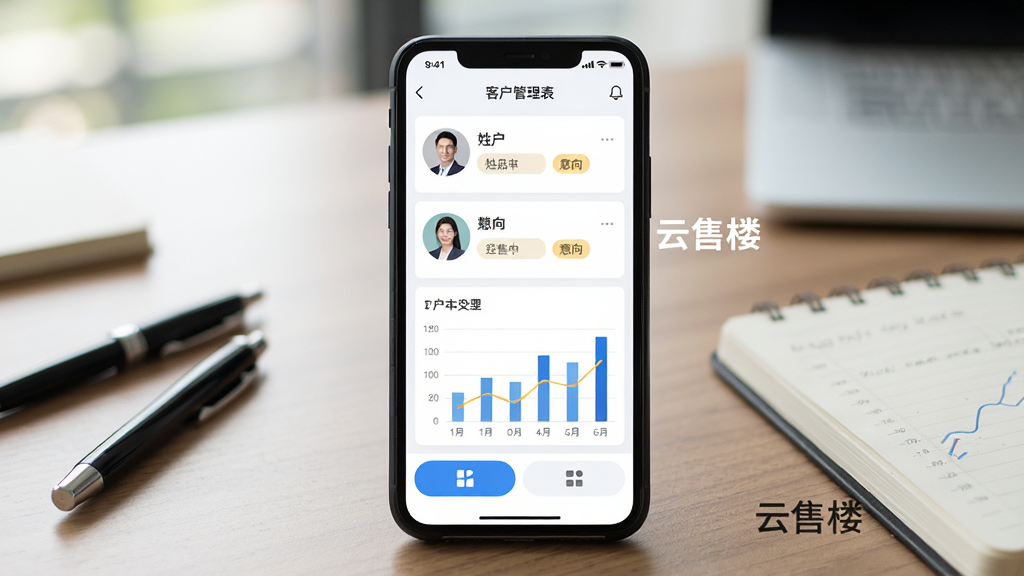 主体:云售楼APP在手机上运行的实拍图,展示客户管理列表;布局:手机居中,屏幕内显示客户头像、姓名、意向标签,底部有功能按钮;排版:手机屏幕细节清晰,背景为办公桌面;风格:真实摄影风格,自然光线;细节:手机外壳有“云售楼”字样,屏幕显示数据图表,周围有笔和笔记本;画质:高清,干净,无多余元素