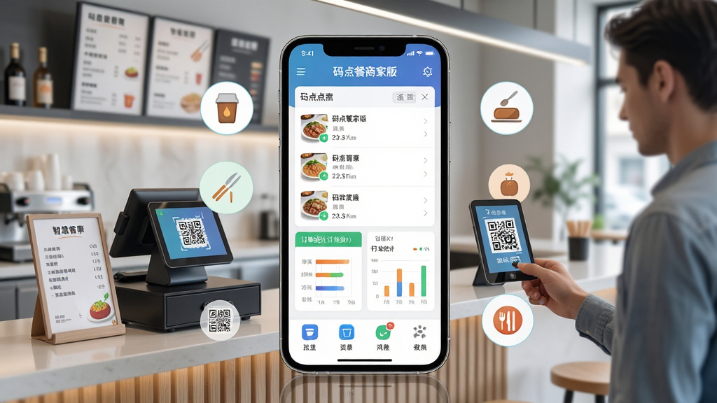 主体:码点餐商家版软件界面在智能手机上展示,背景为现代简约餐厅场景,吧台有收银机、菜单立牌,顾客正在扫码点餐。布局:手机屏幕居中,界面显示点餐列表、收款二维码、订单统计图表,周围环绕餐饮元素图标。排版:手机大屏展示,界面清晰,上方有“码点餐商家版”字样,下方功能图标排列整齐。风格:写实与科技感结合,色彩明亮,突出智慧餐饮氛围。细节:屏幕反光自然,餐厅环境虚化,突出软件界面,文字清晰可读。画质:高清渲染,干净无多余元素。