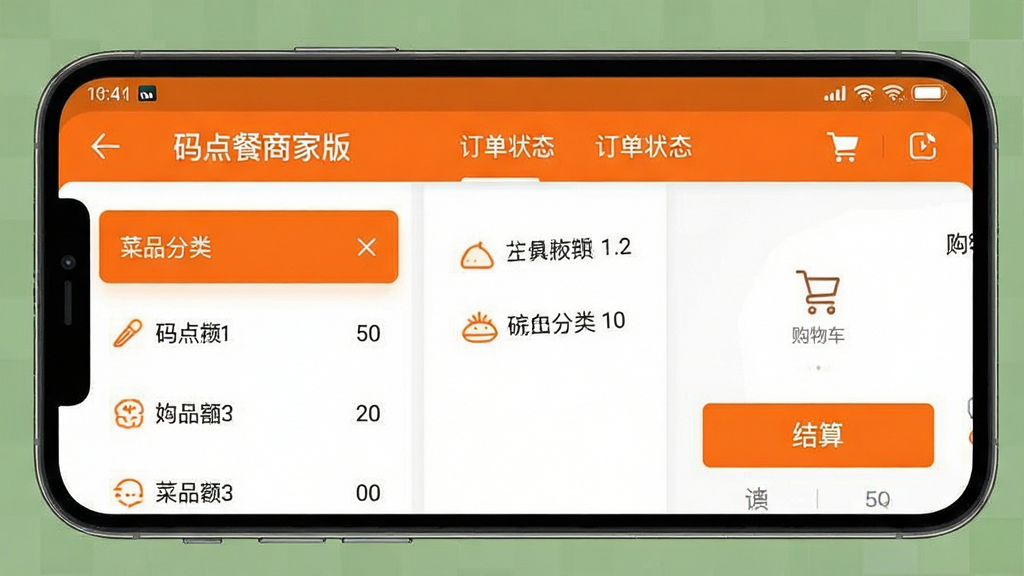 主体:码点餐商家版操作界面截图风格图,展示点餐功能模块。布局:左侧为菜品分类列表,右侧为购物车与结算按钮,顶部显示订单状态。排版:界面扁平化,功能按钮醒目,色彩以橙色为主色调。风格:现代简约UI设计,图标线性风格。细节:模拟手机状态栏,显示时间与电量,界面文字为中文,包含“码点餐商家版”字样。画质:清晰锐利,UI设计感强,干净无多余元素。