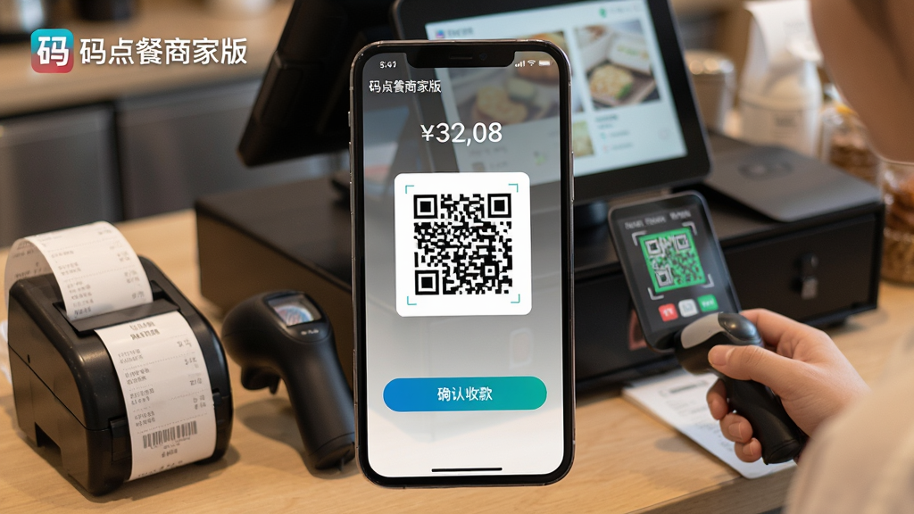 主体:码点餐商家版收银功能演示图,手机显示收款二维码,旁边有顾客扫码支付场景。布局:手机屏幕占据视觉中心,显示金额与收款二维码,背景为餐厅收银台。排版:二维码置于屏幕中央,下方有“确认收款”按钮,左上角显示“码点餐商家版”Logo。风格:真实场景摄影风格,光线柔和。细节:手机屏幕反光自然,收银台上有小票打印机、扫码枪等设备。画质:高清写实,干净无多余元素。