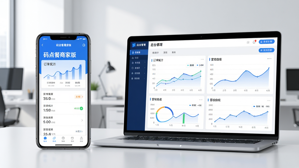 主体:手机与电脑同时显示码点餐商家版后台数据界面,体现多端同步。布局:左侧为手机,右侧为笔记本电脑,屏幕内容为订单统计图表和营收曲线。排版:手机屏幕中显示“码点餐商家版”主界面,电脑屏幕为后台管理看板。风格:现代科技感,蓝白配色。细节:屏幕上数据清晰,背景为简洁办公环境。画质:高清渲染,干净无多余元素。