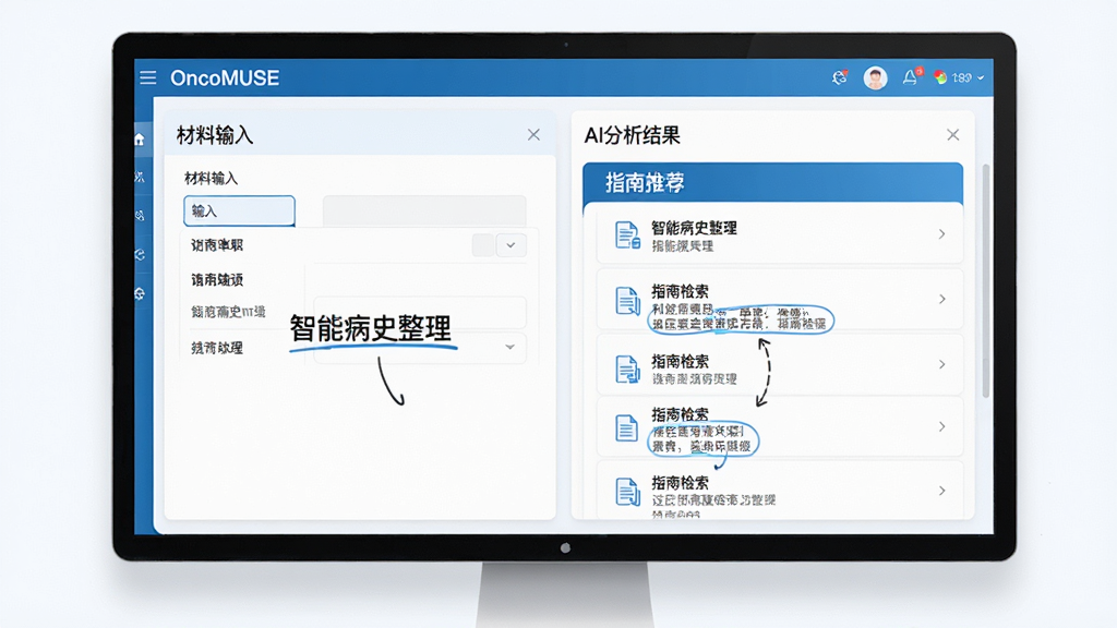 主体为OncoMUSE软件界面展示,界面设计简洁现代,左侧为材料输入区域,右侧为AI分析结果与指南推荐列表,整体布局清晰,配色以医疗蓝和白色为主,风格专业科技感,细节包括屏幕上的文字标注