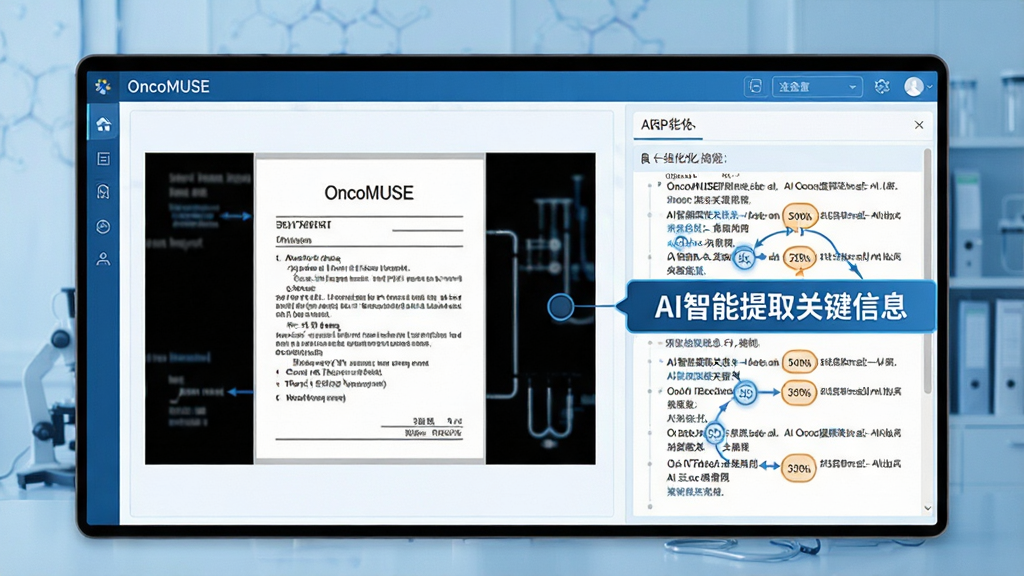 展示OncoMUSE软件界面,屏幕中央显示上传的医学报告图片,右侧自动生成结构化文本摘要,文字标注
