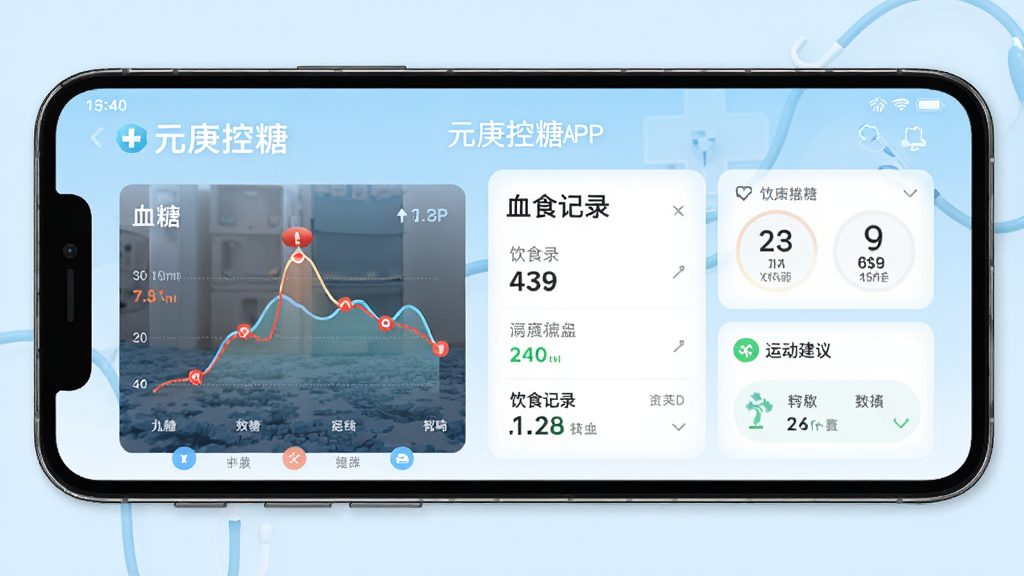 元庚控糖APP主界面展示,智能手机屏幕显示血糖数据曲线、饮食记录和运动建议,背景为淡蓝色医疗风格,界面简洁清晰,布局合理,包含“元庚控糖”字样,现代感与专业感并存,画质高清干净无多余元素。