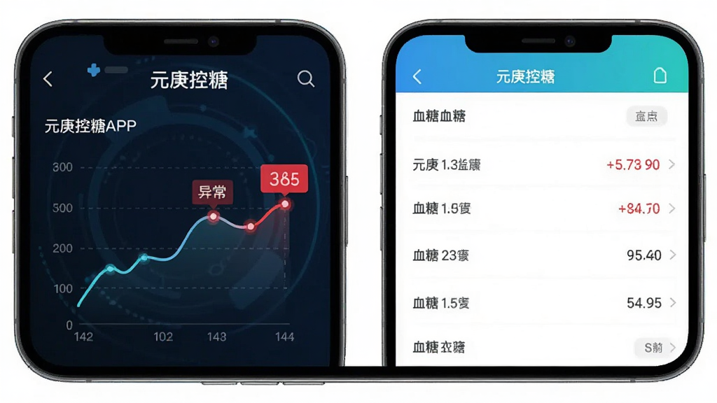 元庚控糖APP血糖记录页面,屏幕显示折线图和血糖数值列表,红色高亮异常值,界面具有科技感,布局整洁,包含“元庚控糖”字样,画质清晰干净。