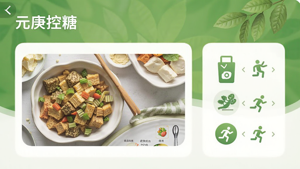 元庚控糖APP饮食运动方案界面,展示健康食谱图片和运动图标,背景为绿色自然风格,布局合理,包含“元庚控糖”字样,画质清新干净。