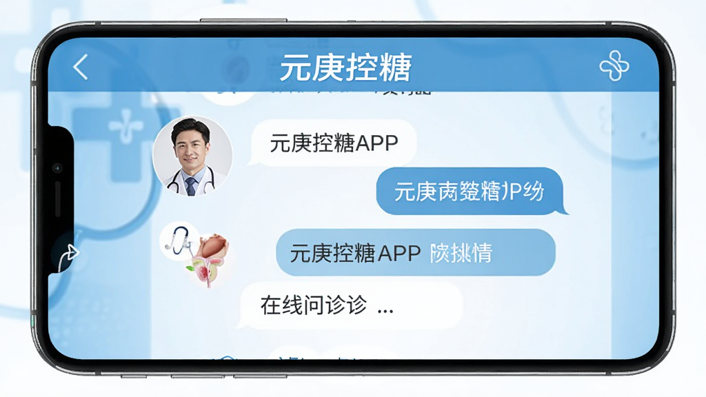 元庚控糖APP在线问诊界面,显示医生头像和聊天对话框,背景为蓝色医疗风格,布局清晰,包含“元庚控糖”字样,画质专业干净。