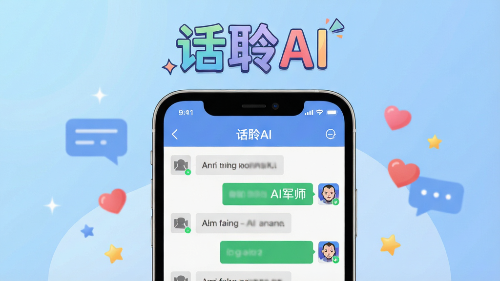 画面主体为一部智能手机屏幕,屏幕中央显示“话聆AI”软件界面,界面中有模拟的微信聊天窗口和AI生成的回复气泡,气泡旁有“AI军师”小图标。整体布局为手机居中,背景为柔和的渐变蓝色,周围点缀有对话气泡、爱心和星星等元素。排版采用上下结构,上方为软件名称“话聆AI”艺术字,下方为手机界面。风格为现代扁平化插画风,色彩清新明快,细节丰富,画质高清,干净无多余元素。