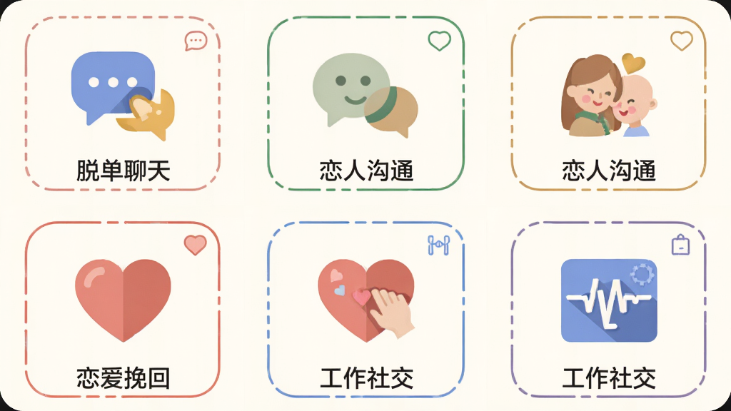 画面以九宫格形式展示“话聆AI”的四个主要场景图标,分别是“脱单聊天”、“恋人沟通”、“恋爱挽回”、“工作社交”,每个图标下方有简短的文字描述。整体布局为网格排版,背景为暖白色,图标采用圆角扁平化设计,颜色各不相同。风格为简约商务风,细节包括小图标、线条边框,画质高清,干净无多余元素。