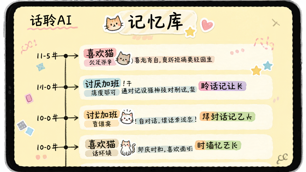 画面展示“话聆AI”的长期记忆功能界面,顶部有“记忆库”标题,下方以时间轴形式列出多条对话摘要和标签,如“喜欢猫”、“讨厌加班”等。整体布局为列表式,背景为淡黄色,风格为手账风格,细节包括贴纸、手写字体和彩色标签,画质细腻,干净无多余元素。
