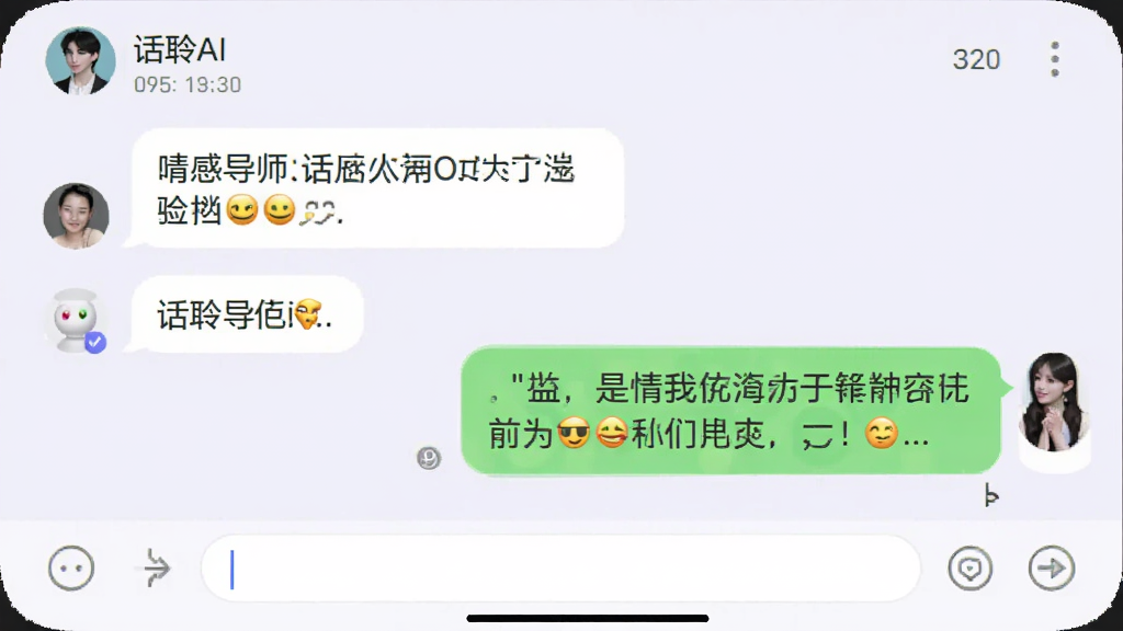 画面展示“话聆AI”的情感导师聊天界面,左侧为用户提问气泡,右侧为导师回答气泡,内容包含文字和表情符号。整体布局为手机聊天界面,背景为淡紫色,风格为社交软件风格,细节包括头像、昵称、时间戳和输入框,画质清晰,干净无多余元素。