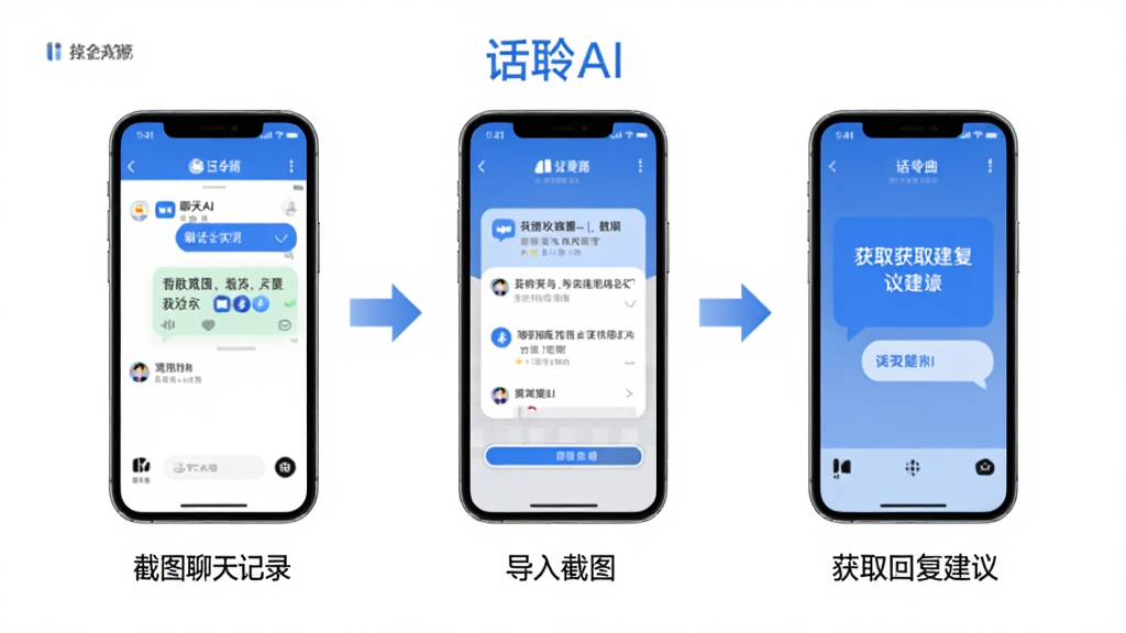 画面展示“话聆AI”应用的使用流程,分为三部曲:截图聊天记录、导入截图、获取回复建议。整体布局为横向流程图,背景为白色,步骤间用箭头连接,每一步下方有简单文字说明。风格为简洁商务风,蓝色主调,细节包括手机图标、文字提示和进度条,画质清晰,干净无多余元素。