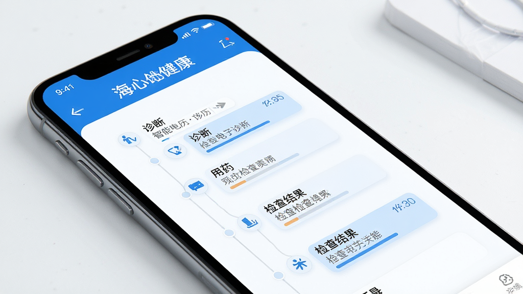 海心健康App智能电子病历功能预览,手机屏幕展示时间轴形式的病历记录,包括诊断、用药、检查结果等条目,界面清晰,蓝白配色,医疗风格,画质高清,干净无多余元素
