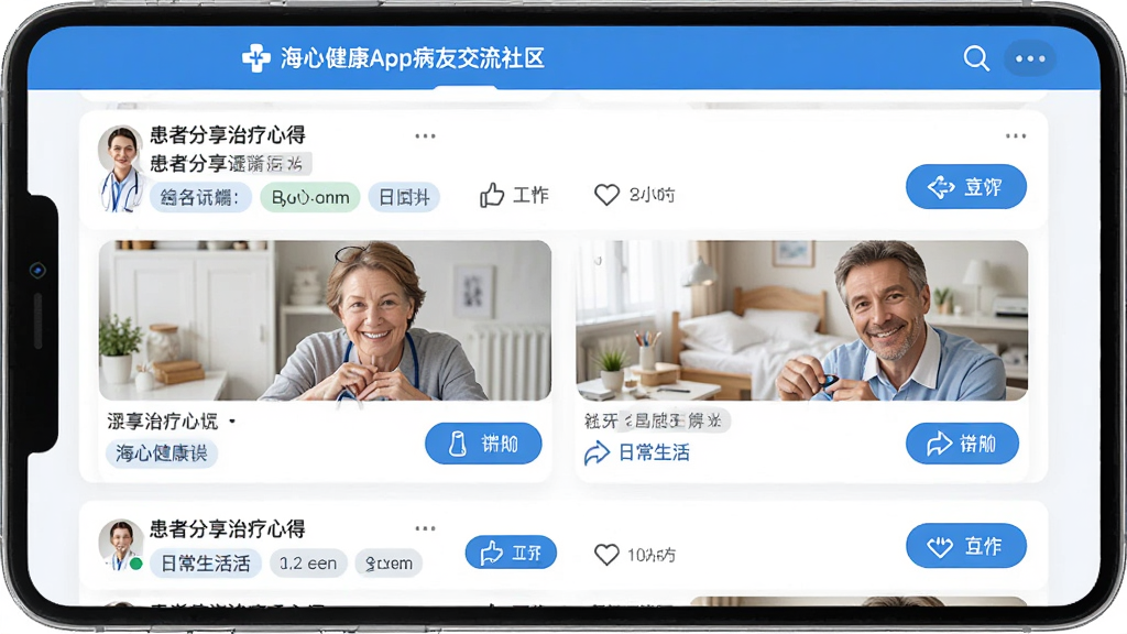 海心健康App病友交流社区界面,展示患者分享治疗心得、日常生活的帖子列表,有话题标签和互动按钮,界面友好,蓝白配色,医疗风格,画质清晰,干净无多余元素