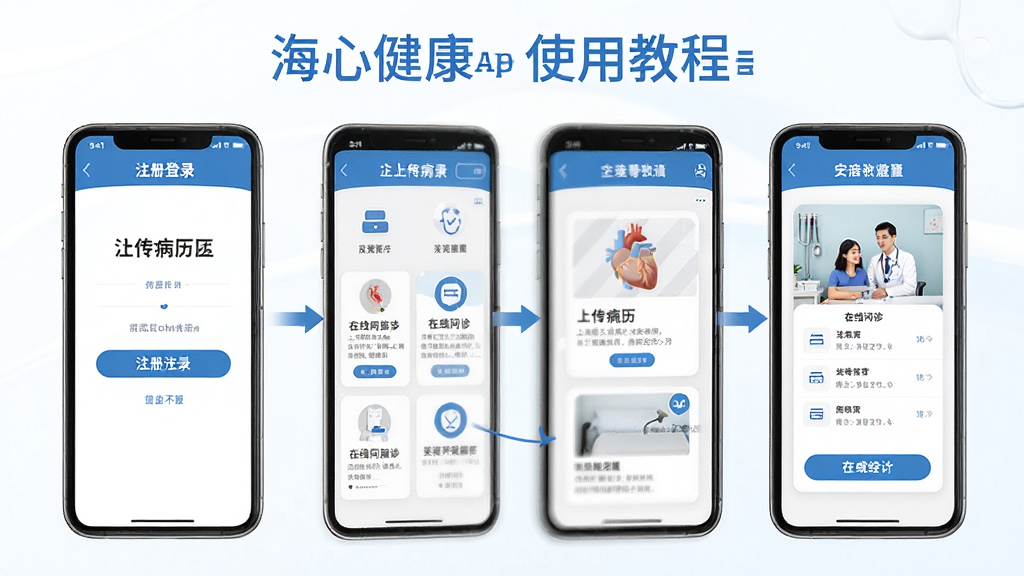 海心健康App使用教程示意图,展示手机操作界面步骤,包括注册登录、上传病历、在线问诊等,图文并茂,蓝白配色,医疗风格,画质清晰,干净无多余元素