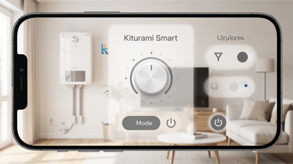 一张现代简约风格的智能手机屏幕特写,屏幕中清晰显示Kiturami Smart应用程序的主界面,界面布局简洁,包含温度调节旋钮、模式切换按钮和电源开关等元素,背景为温馨明亮的客厅环境,壁挂炉安装在墙壁上,整体画面干净通透,画质细腻,突出智能家居的便捷与科技感,无多余元素