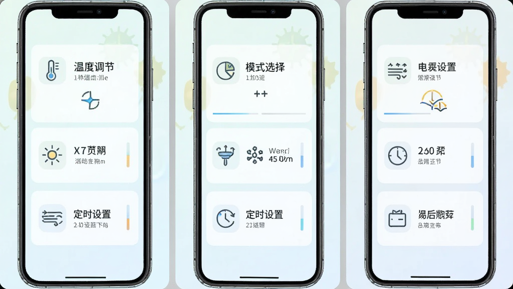 一张手机应用功能展示图,屏幕被划分为多个功能模块,包括温度调节、模式选择、定时设置等,每个模块都有简洁的图标和文字标注,背景为浅色渐变,整体风格清新简洁,突出应用的易用性和功能丰富性,画质干净,无多余元素