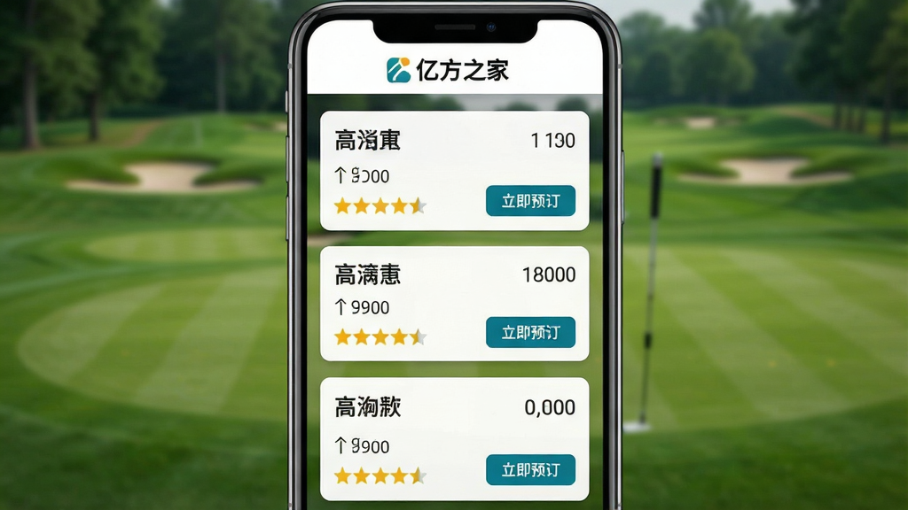 一张高清手机截图风格图片,界面顶部显示“亿方之家”LOGO,中部为球场列表,每个球场卡片包含球场名称、价格、星级评分和“立即预订”按钮,背景为虚化的高尔夫球场果岭,整体排版简洁清晰,风格写实,细节丰富,画质高清,干净无多余元素