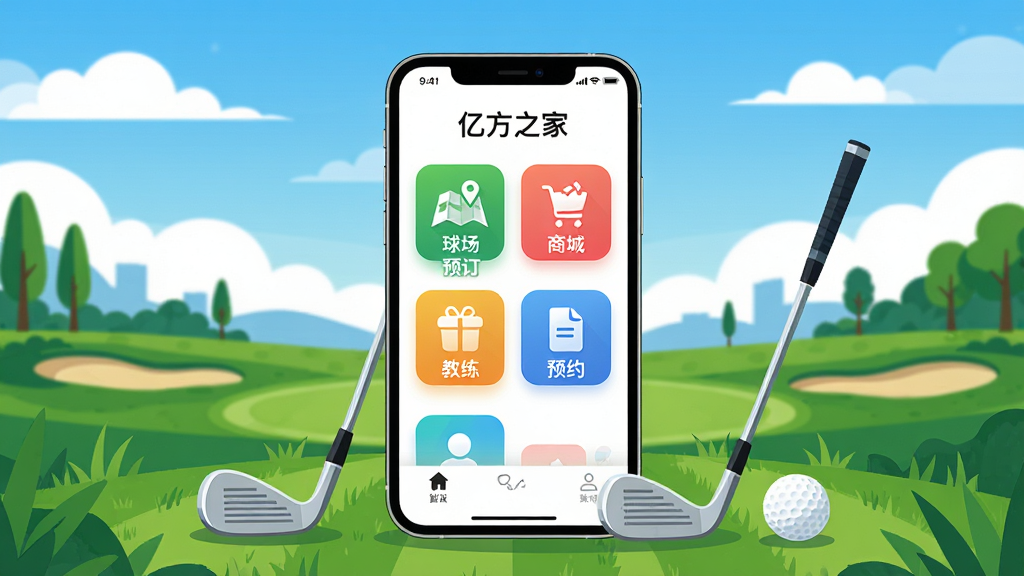 画面中心展示一部智能手机,屏幕上清晰显示“亿方之家”APP主界面,界面包含球场预订、商城、教练预约等彩色功能图标,手机下方环绕着高尔夫球场草坪、球杆、高尔夫球等元素,背景为蓝天白云下的高端高尔夫球场,整体布局大气、色彩明亮,风格为现代扁平化插画,细节精致,画质高清,干净无多余元素