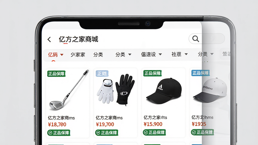 电商购物界面预览图,手机屏幕内展示“亿方之家商城”分类导航栏,下方商品网格陈列高尔夫球杆、球、手套、帽子等商品,每件商品标注价格和“正品保障”标签,背景为浅灰色工作室风格,布局规整,风格清新,细节清晰,画质高清,无多余元素