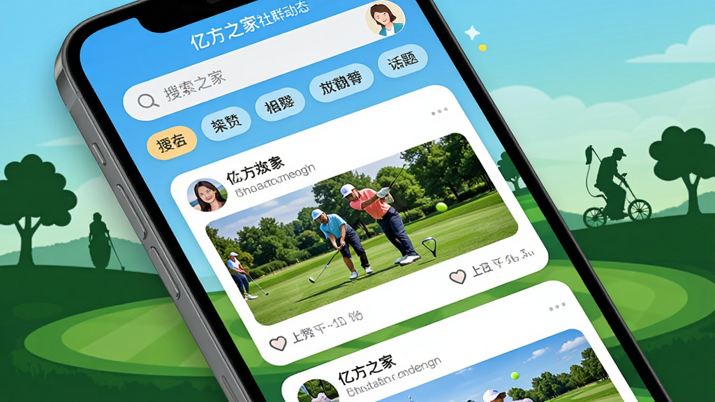 手机屏幕显示“亿方之家”社群动态页面,顶部为搜索栏和话题标签,下方为好友发布的图文动态卡片,包含打球照片和点赞评论图标,背景为高尔夫球场剪影,整体风格活泼明快,界面圆润,细节丰富,画质高清,无多余元素