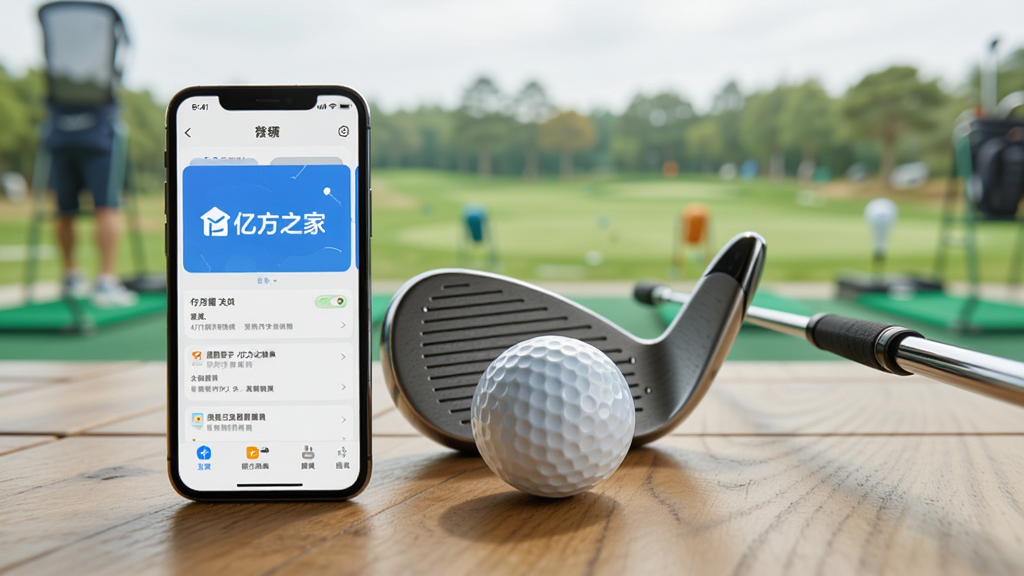 一部手机与高尔夫球杆、高尔夫球排列在木质桌面上,手机屏幕显示“亿方之家”APP运行界面,背景为户外练习场,构图稳定,风格生活化,细节丰富,画质高清,干净无多余元素