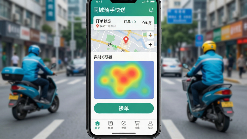一张智能手机屏幕特写,屏幕中清晰显示“同城骑手快送”APP主界面,界面顶部有订单状态栏和实时定位地图,中部展示热力图与接单按钮,底部设有功能导航栏;背景为虚化的城市街道与骑手骑行身影,整体风格现代简洁,色彩明亮,画质高清干净,无多余元素