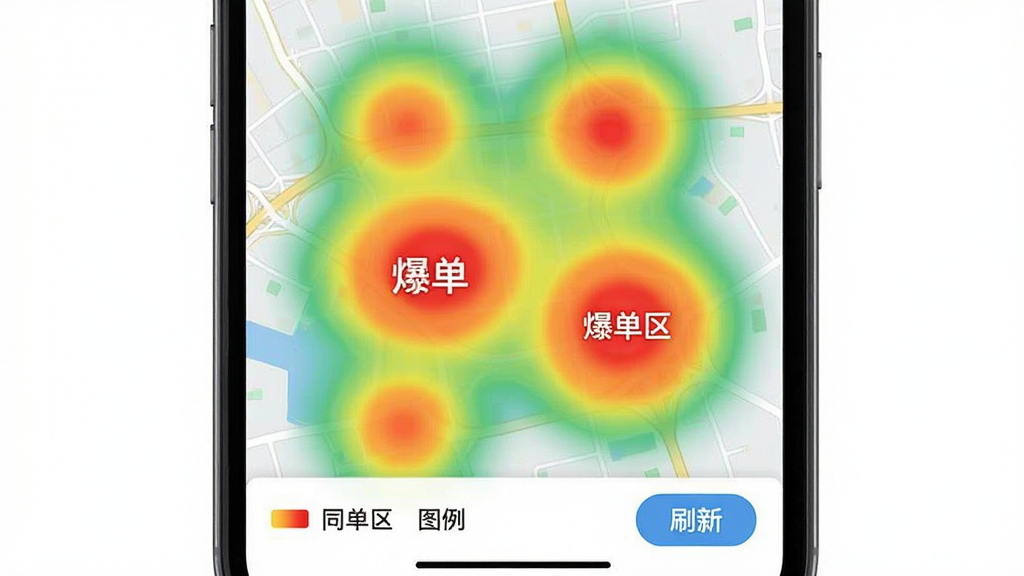 同城骑手快送APP热力图界面截图,地图上以红橙黄绿渐变色彩展示不同区域的订单热度,红色区域标注“爆单区”字样,屏幕下方有图例与刷新按钮,界面UI设计清晰直观,整体风格扁平化,画质干净,无多余元素