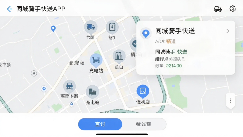 同城骑手快送APP服务站点查询界面,地图上以图标形式标注维修点、充电站、便利店等,点击某个图标显示详细信息卡片,底部有列表视图切换按钮,整体风格实用简洁,地图清晰,画质干净,无多余元素