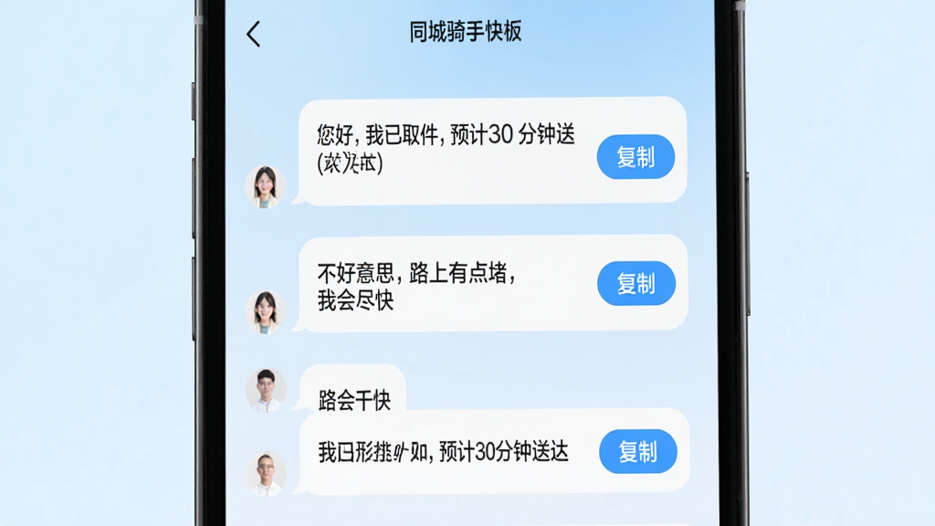 同城骑手快送APP万能回复模板界面,屏幕中展示多个消息气泡模板,如“您好,我已取件,预计30分钟送达”、“不好意思,路上有点堵,我会尽快”等,每个模板后有“复制”按钮,界面风格清新流畅,背景为淡蓝色渐变,画质高清,无多余元素