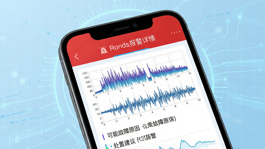 手机界面展示Ronds报警详情页,顶部为红色报警横幅,中间为振动频谱图和波形图,下方列出可能的故障原因和处置建议,背景为淡蓝色科技网格,整体风格简洁明了,数据可视化清晰,画质高清,无多余元素