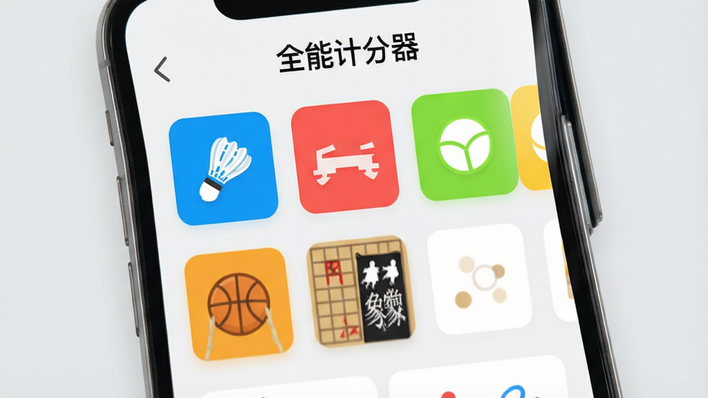 一幅现代简约风格的手机应用界面展示图,主体为“全能计分器”App的计分主界面,屏幕上清晰显示羽毛球、乒乓球、网球、篮球、围棋、象棋等运动图标,布局整齐,色彩明亮,背景为浅灰色,画质高清,干净无多余元素